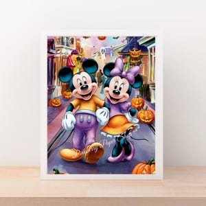 Impressão de parede em aquarela com tema de Halloween do Mickey e Minnie na Main Street, arte de parede nada assustadora, impressão digital, download instantâneo