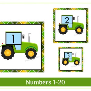 Farm Tractor Numbers 1-20 | Activity Number Cards | Printable Numbers + Blank Template | PNG File | Resizable