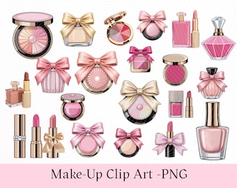 Op de afbeelding: Illustratie van diverse make-up artikelen, waaronder compactpoeders, lippenstiften, parfumflesjes en nagellak. De items zijn in roze, goud en beige tinten, met decoratieve strikken. De tekst "Make-Up Clip Art -PNG" staat onderaan.