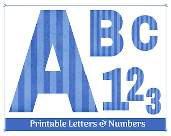 Blau gestreiftes Alphabet Clip Art: Druckbare Buchstaben & Zahlen (Digitaler Download)