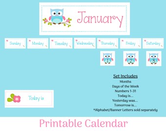 printable classroom calendar pink and blue owl themed etsy