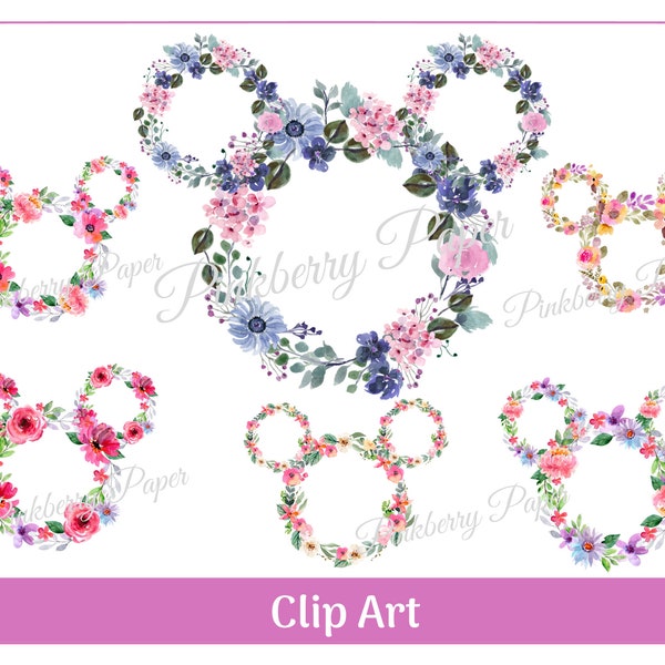 Floral Mickey and Minnie Spring Wreaths Clip Art |