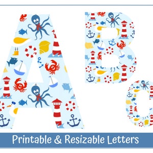 Letra del alfabeto infantil con temática de la vida marina Clip Art, Descarga digital, Banner DIY y Letras para tablón de anuncios, Letras para álbum de recortes