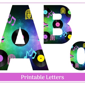 Images clipart Alphabet musical des années 50, chiffres | Lettres majuscules imprimables | Thème de la boutique soda | Lettres juke-box | Bannière de fête
