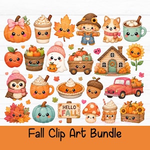 May include: A collection of autumn-themed illustrations featuring a pumpkin, coffee cups, maple leaf, scarecrow, dog, apple, ghost, wagon, house, sunflower, owl, pie, acorn, red truck, mushroom, and a sign with the text Hello Fall.