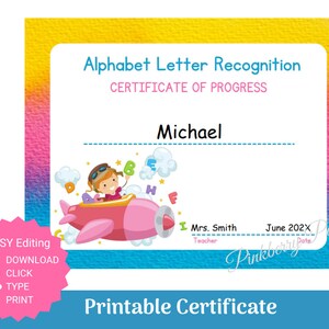 Certificado de Reconocimiento de Cartas Preescolares / Premio Avión Alfabeto Lindo / Imprimible y Editable / Formularios de Aula / Descarga Instantánea