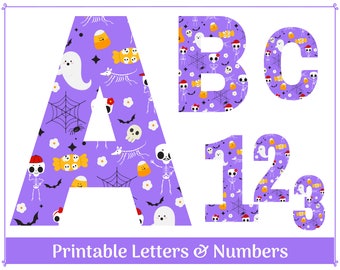 May include: Printable Halloween alphabet letters and numbers with a purple background and a pattern of ghosts, candy corn, skeletons, bats, and spiderwebs. The letters are A, B, C, and the numbers are 1, 2, and 3.