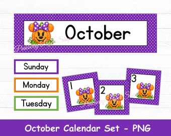 Zestaw kalendarza klasowego Minnie Pumpkin na październik, z nagłówkiem dyni do druku i numerami od 1 do 31