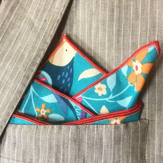 Red Floral Pocket Square with Blue Trim