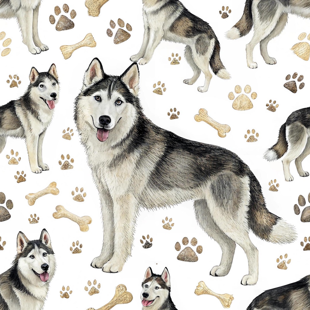 Husky Dog Digital Paper: Seamless Pattern, Paw Prints, Bone Design, Dog ...