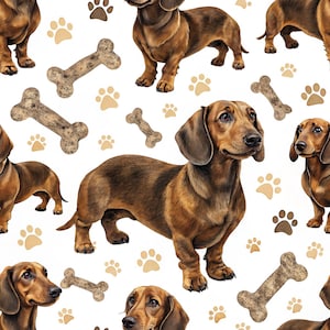 Pode incluir: Um padrão repetitivo com cães dachshund castanhos e castanhos, ossos e pegadas sobre um fundo branco. Os ossos e as pegadas são de cor castanho claro, criando um design divertido e atraente.