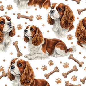May include: Seamless pattern featuring Cavalier King Charles Spaniels in various poses, with brown and white fur. The design includes dog bones and paw prints on a white background, creating a playful and whimsical aesthetic.