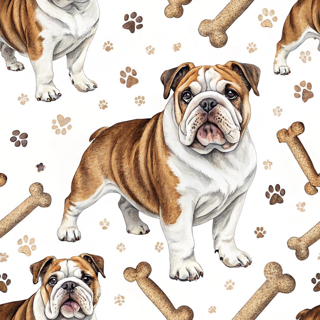 Bulldog Digital Paper: Seamless Pattern, Bone, Paw Prints, Cute Animal ...