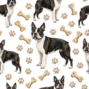 May include: A repeating pattern featuring Boston Terriers, dog bones, and paw prints on a white background. The dogs are black and white, with some standing and others in various poses. The bones and paw prints are tan.