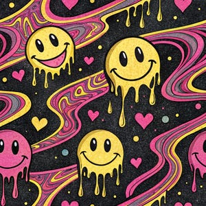 Peut inclure: Motif répété avec des visages souriants jaunes aux bords fondus, des cœurs roses et des lignes ondulées colorées sur fond noir. Le design a une ambiance psychédélique et rétro.