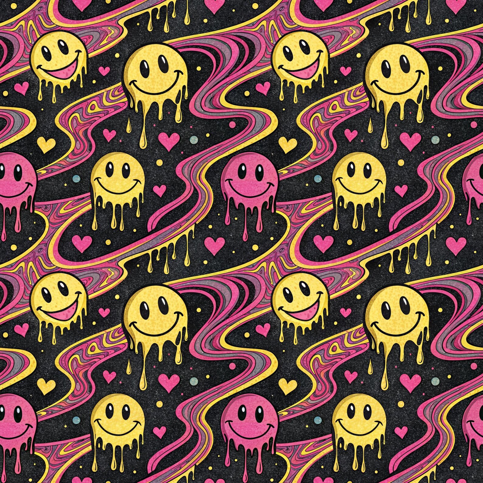Seamless 90s Drippy Smiley Face Digital Art, Heart Pattern Digital ...