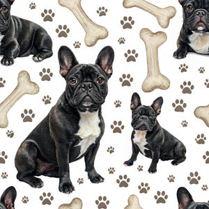 May include: Seamless pattern featuring black French Bulldogs with white markings, interspersed with tan dog bones and brown paw prints on a white background. The dogs are in various poses, creating a playful and engaging design.