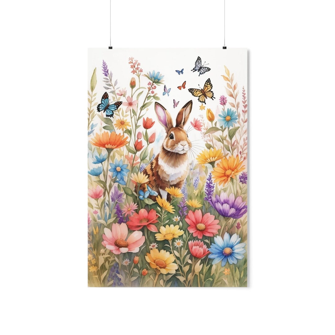 Colorful Wildflowers With Bunny Rabbit and Butterflies Poster - Etsy