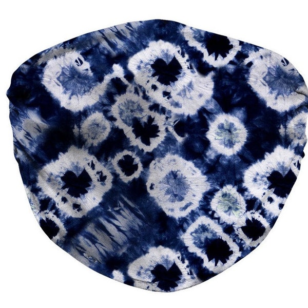 Tie Dye Face Mask- Shibori Indigo Kaleidoscope Mask With Nose Wire, Carbon Filter & Adjustable Ear Loops