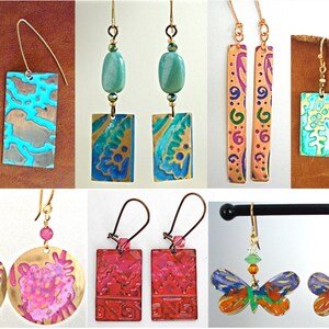 Pode incluir: Conjunto de brincos de esmalte coloridos com vários designs, incluindo padrões geométricos, motivos florais e borboletas. Os brincos são feitos de metal e têm ganchos dourados.