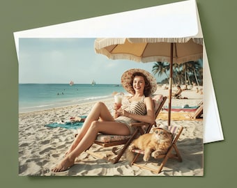 Funny Cat Mom Beach Greeting Card: 1950s Retro Cat Mom