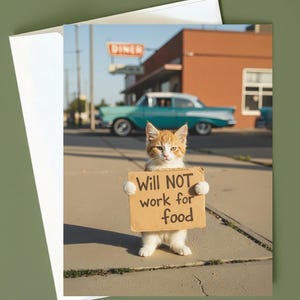 Funny Cat Greeting Card - Retro Freeloader Kitten for cat moms & dads
