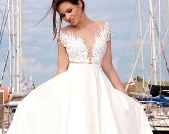 A-line satin wedding dress, Cap sleeves V-neck lace wedding gown, Contemporary Wedding Dress,Yacht Wedding Dress, nature wedding gown