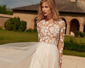 Hermoso vestido de novia boho floral, vestido de novia de manga larga, vestido de novia romántico