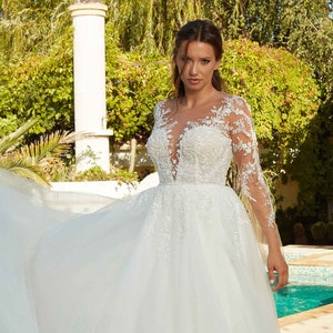 Long Sleeves A-line Lace Tulle Wedding Dress, Deep V Neck Bridal Gown, Long Train, Long Sleeves A-Line Wedding Gown , Sparkle Bridal Bodice