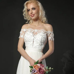 Boho Wedding Dress,Off-the-Shoulder Bridal Gown,3D Lace Wedding Dress,Flowy Silk Wedding Dress,Romantic Bridal Gown,Beach Wedding Dress