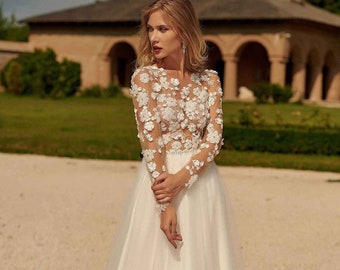 Beautiful Floral Boho Wedding Dress, Long Sleeves A-line wedding dress, Romantic Bridal Gown