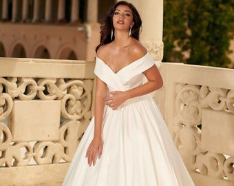 Off shoulder classic satin a line wedding dress, Minimalist satin bridal gown, Elegant satin wedding dress