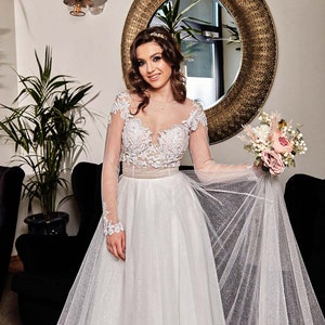 Unique long sleeve A line glitter wedding dress, Lace wedding dress, Bridal Gown, Stylish Wedding Dress, Romantic Bridal Dress, A-line dress
