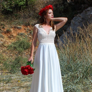 Stunning Deep V Neckline A-line Boho Wedding Dress , Low Open Back Sexy Bridal Gown, Boho Hippie Wedding Dress, Romantic Beach Bride Dress,