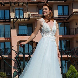 A line deep v neck sparkle wedding dress, bohemian wedding dress, V neck bridal gown