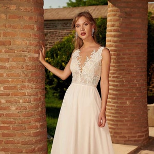 Deep V A Line Wedding Dress, Boho Wedding dress, Modest Chiffon Simple Bridal Dress, Custom Wedding Dress, A line Bridal gown