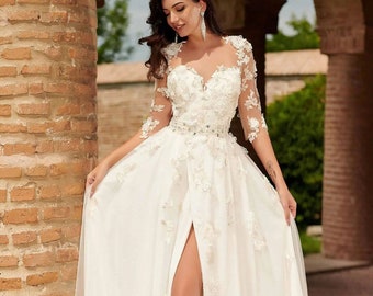 Long Sleeve A-line Slit Wedding Dress. Sweetheart Neckline Bridal Gown, Romantic Dress, 3D Lace Bridal Gown, Slit wedding dress