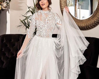 Elegant and Classy Ethereal Long Sleeve A-line Wedding Gown, High Neck Long Sleeves Lace A line Wedding Dress, Full Lace Bodice Bridal Gown