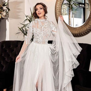 Elegant and Classy Ethereal Long Sleeve A-line Wedding Gown, High Neck Long Sleeves Lace A line Wedding Dress, Full Lace Bodice Bridal Gown