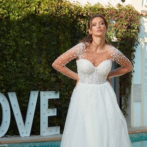Long Sleeves A-line Sparkling Lace Slit Tulle Wedding Dress, Deep V Neck Bridal Gown,Long Sleeves A-Line Wedding Gown ,Sparkle Bridal Bodice