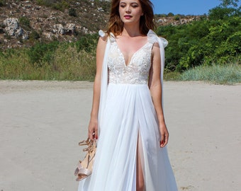 Boho Hippie Wedding Dress, A-Line Wedding Gown, Wedding Gown, Deep V Neck Bridal Gown, Beach Wedding Dress, Slit Boho Hippie Wedding Gown