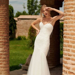 Sweetheart beaded sparkle fringe mermaid wedding dress, unique bridal mermaid, long train mermaid wedding dress