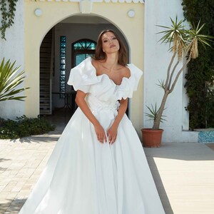 White flowers Off-the-shoulder Sexy Organza A-line Wedding Dress, 3D Flowers Boho Wedding Dress, Organza A-line Bridal Gown
