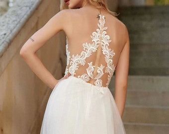 Romantic A-line Wedding Dress, Sheer Tulle Bridal Dress, Intricate Back Detail Wedding Gown, Embroidered Lace Bridal Gown, Bridal Gown
