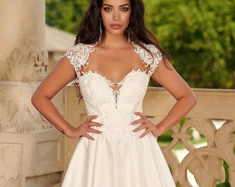 Cap sleeve Open back Lace Satin A-line wedding dress, Elegant Satin A-line Wedding Dress, Elegant Satin A-line Wedding Dress,