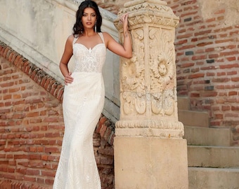 Unique Geometric Lace Sweetheart Mermaid Wedding Dress, Mermaid Bridal Lace Wedding Gown, Boho Vintage Lace Wedding Dress