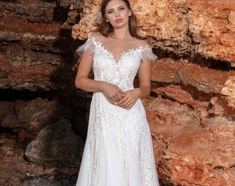 Bohemian A line romantic floral lace wedding dress, Lace wedding dress, Romantic off shoulder bridal gown, Unique A line wedding dress