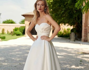 elegant Sweetheart pleated mikado a line wedding dress with long train, simple a line bridal gown, elegant bridal dress