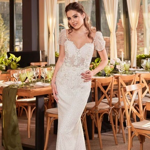 Stunning elegant beaded lace mermaid wedding dress, short sleeve lace mermaid bridal gown, luxury wedding dress, romantic wedding gown