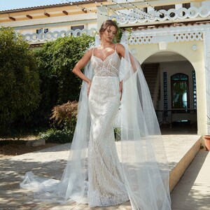 Spaghetti Straps Sexy Mermaid Wedding Dress, Sparkling Beaded Boho Bridal Gown, Sparkle Bohemian Wedding Dress, Beach Bridal Gown